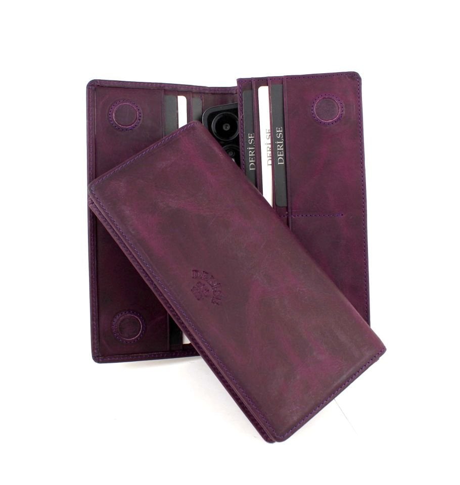 Unisex Bordo Uzun Hakiki Deri Telefon Bölmeli Kartlık Cüzdan